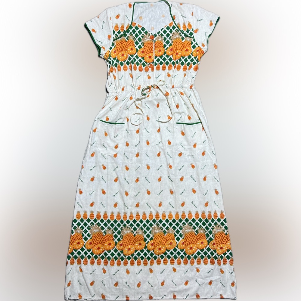 Vintage Pineapple Print Dress with Green Accents
